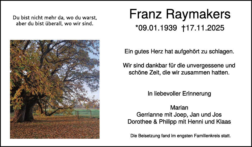  Traueranzeige für Franz Raymakers vom 06.12.2025 aus NNA