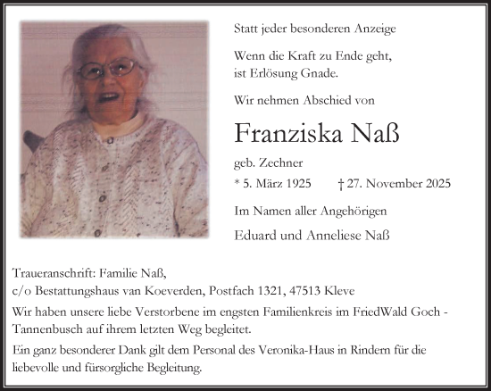 Traueranzeige von Franziska Naß von NNA