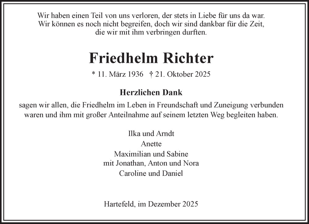  Traueranzeige für Friedhelm Richter vom 20.12.2025 aus NNA