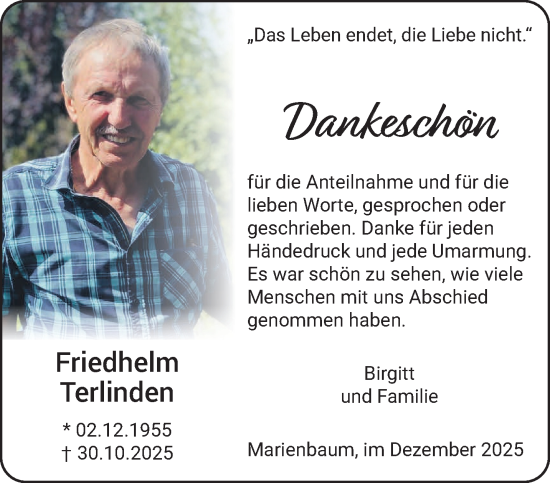 Traueranzeige von Friedhelm Terlinden von NNA