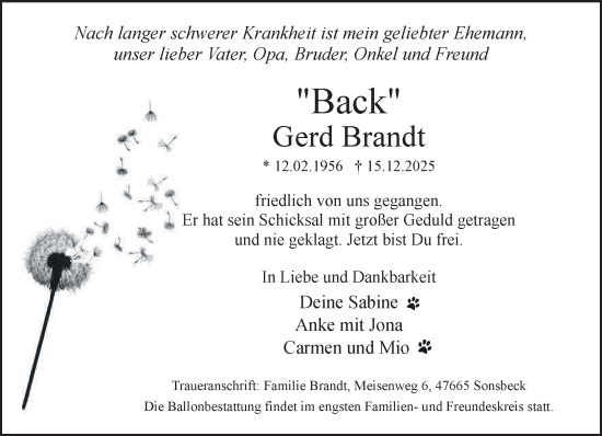 Traueranzeige von Gerd Brandt von NNA