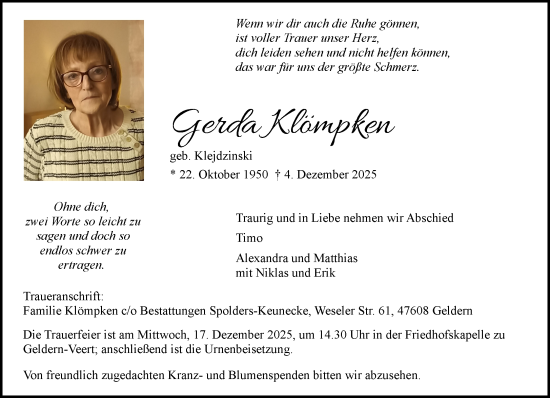 Traueranzeige von Gerda Klömpken von NNA