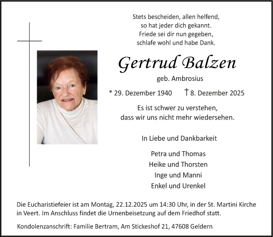 Traueranzeige von Gertrud Balzen von NNA