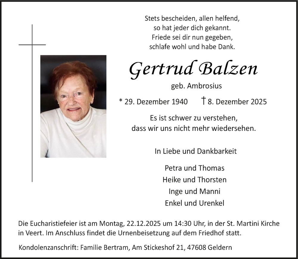  Traueranzeige für Gertrud Balzen vom 13.12.2025 aus NNA