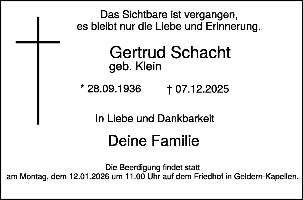  Traueranzeige für Gertrud Schacht vom 20.12.2025 aus NNA