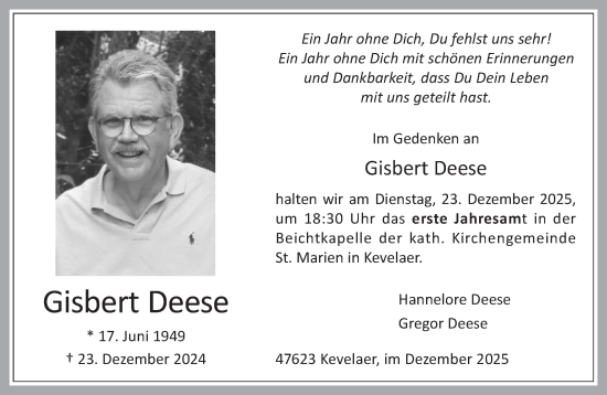 Traueranzeige von Gisbert Deese von NNA