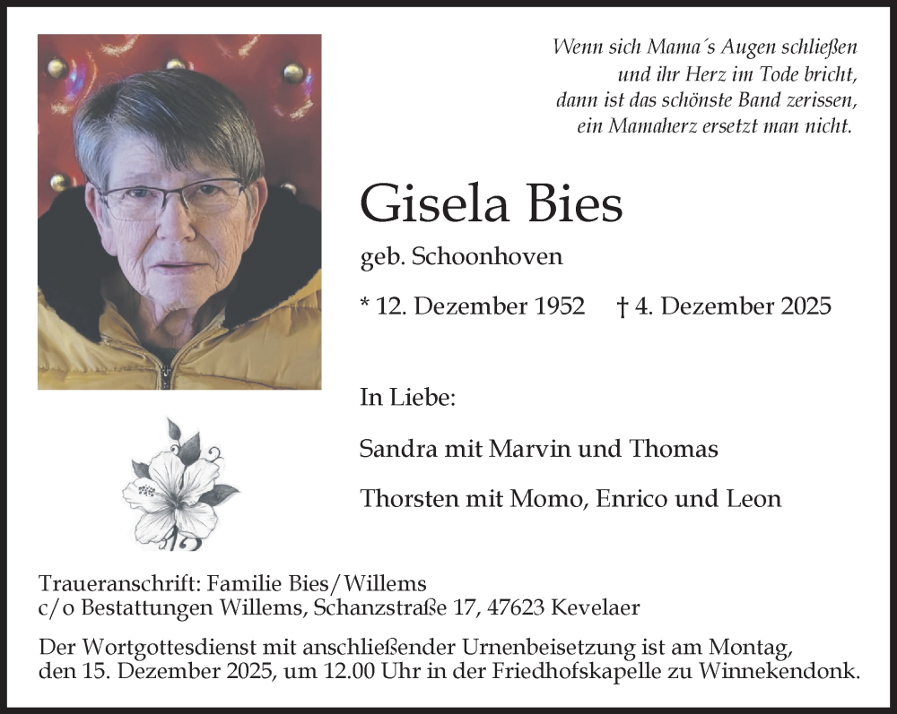  Traueranzeige für Gisela Bies vom 13.12.2025 aus NNA