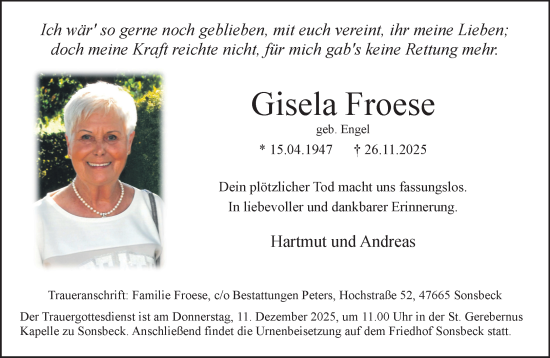 Traueranzeige von Gisela Froese von NNA
