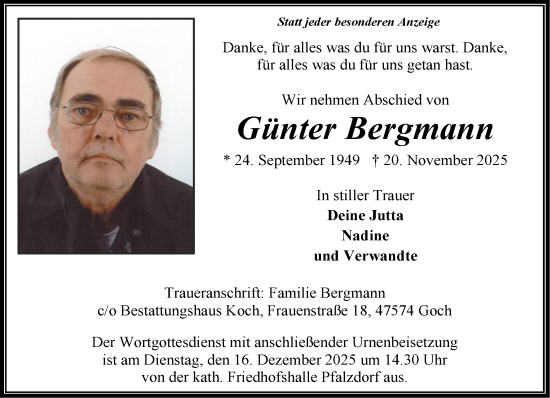 Traueranzeige von Günter Bergmann von NNA