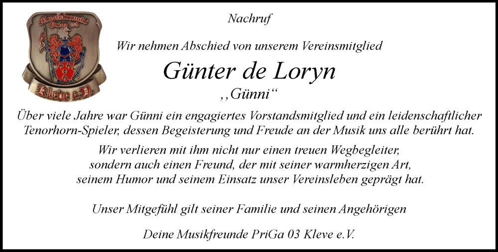  Traueranzeige für Günter de Loryn vom 13.12.2025 aus NNA