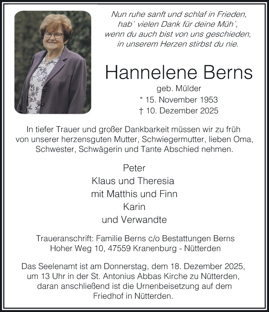  Traueranzeige für Hannelene Berns vom 13.12.2025 aus NNA