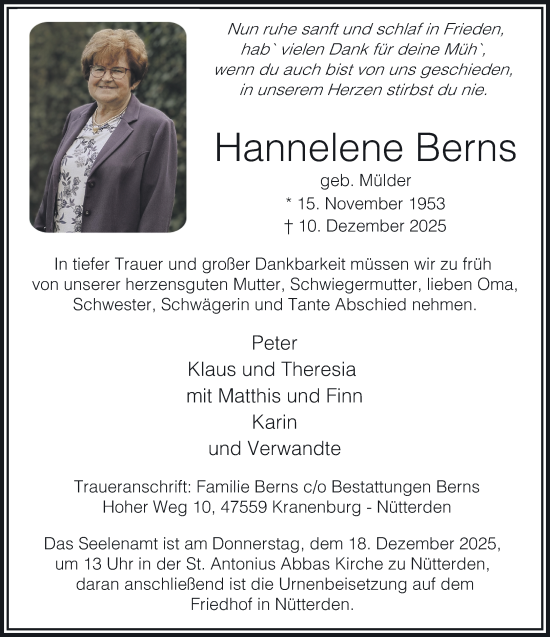 Traueranzeige von Hannelene Berns von NNA