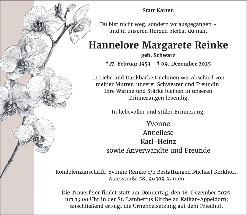  Traueranzeige für Hannelore Margarete Reinke vom 13.12.2025 aus NNA