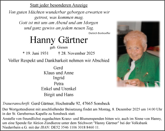 Traueranzeige von Hanny Gärtner von NNA