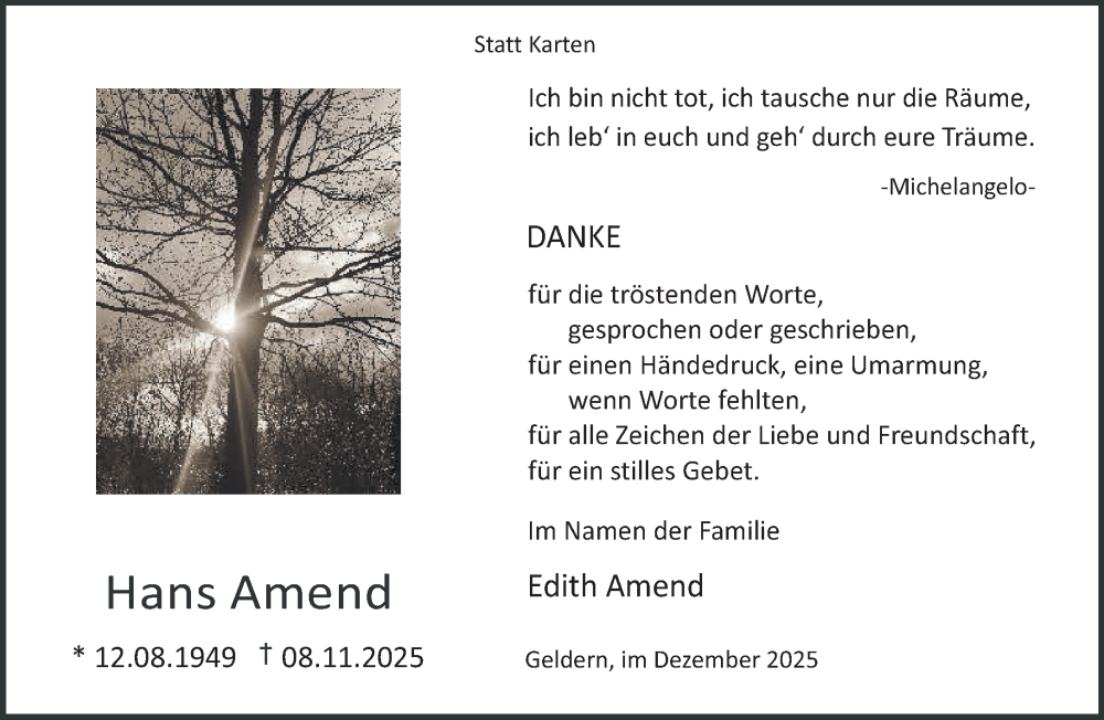  Traueranzeige für Hans Amend vom 20.12.2025 aus NNA
