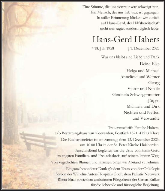 Traueranzeige von Hans-Gerd Habers von NNA