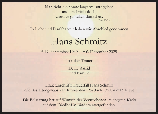 Traueranzeige von Hans Schmitz von NNA