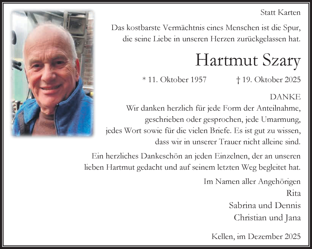  Traueranzeige für Hartmut Szary vom 13.12.2025 aus NNA