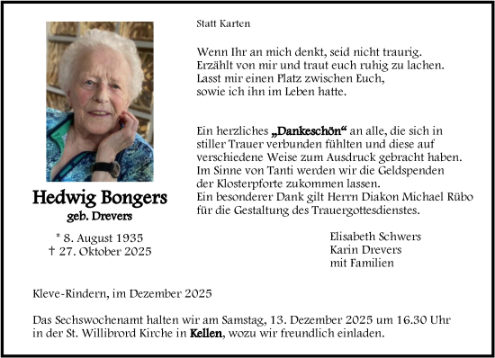Traueranzeige von Hedwig Bongers von NNA