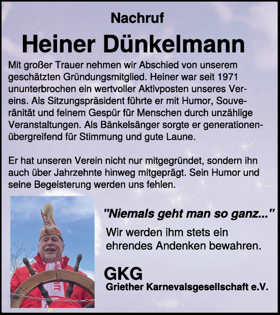 Traueranzeige von Heiner Dünkelmann von NNA