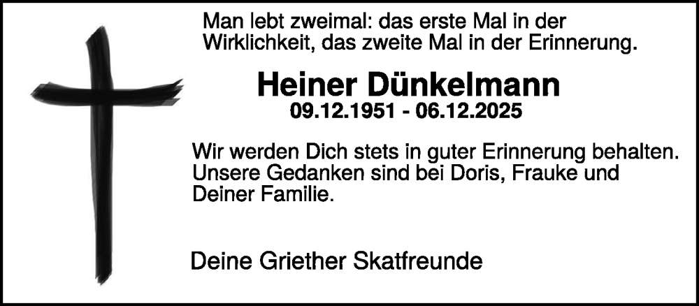  Traueranzeige für Heiner Dünkelmann vom 13.12.2025 aus NNA