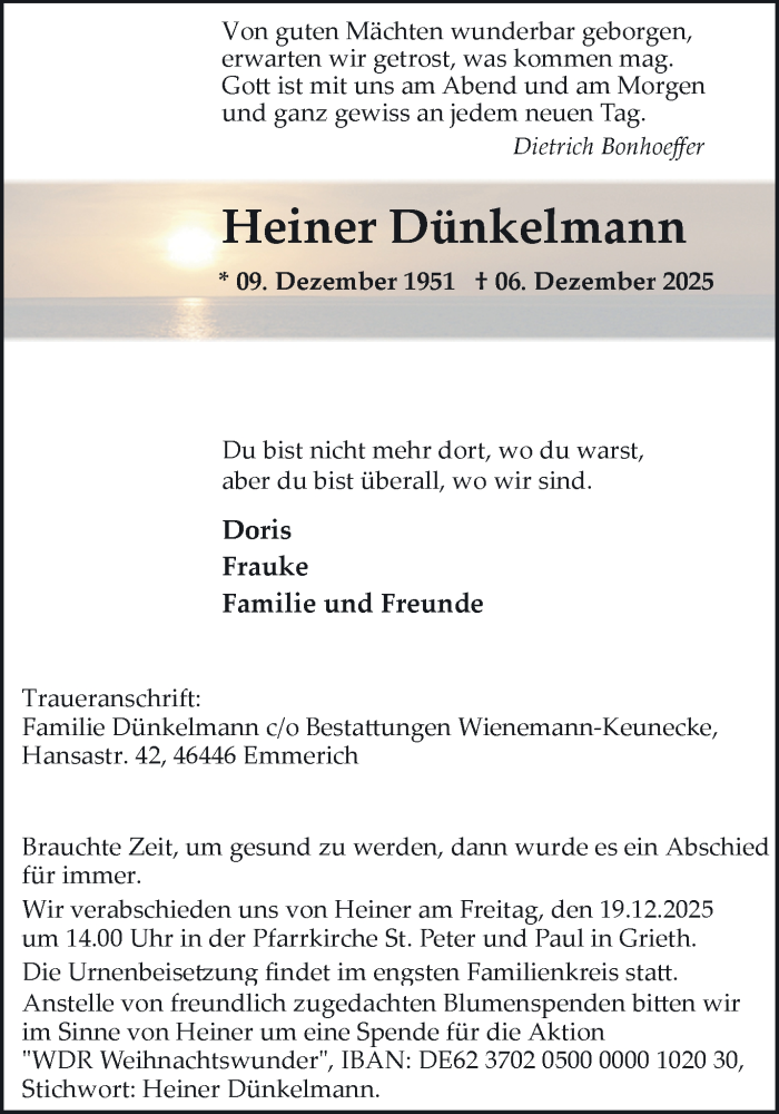  Traueranzeige für Heiner Dünkelmann vom 13.12.2025 aus NNA
