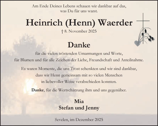 Traueranzeige von Heinrich Waerder von NNA
