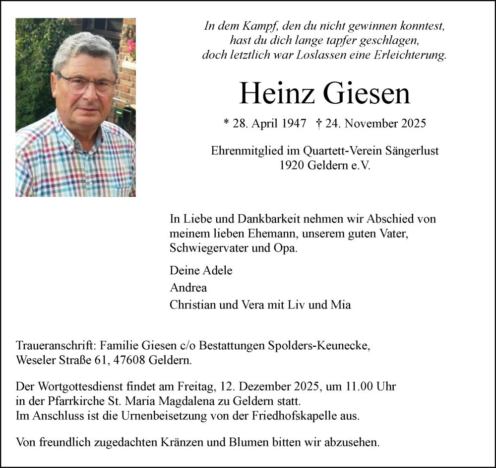  Traueranzeige für Heinz Giesen vom 06.12.2025 aus NNA