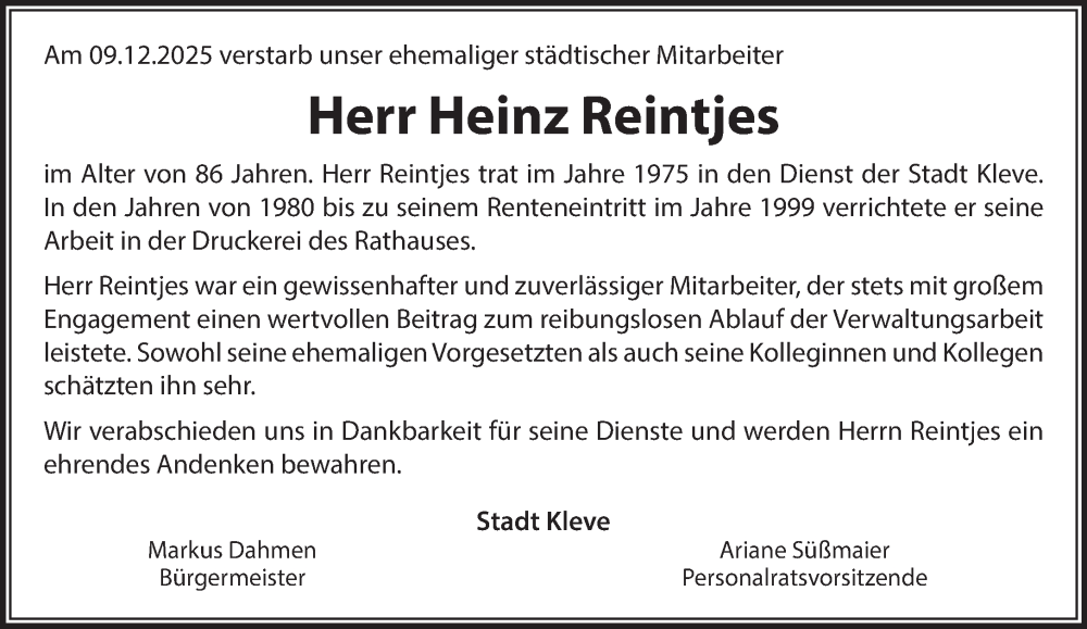  Traueranzeige für Heinz Reintjes vom 20.12.2025 aus NNA