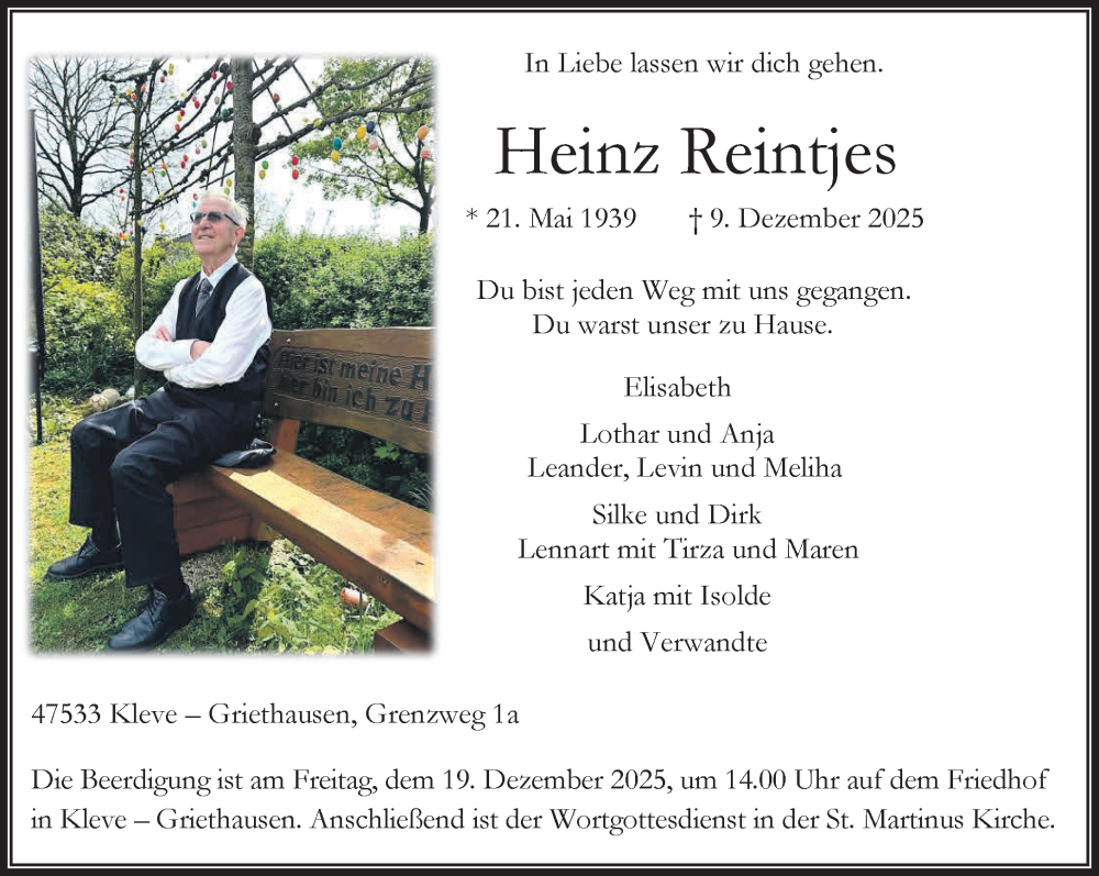  Traueranzeige für Heinz Reintjes vom 13.12.2025 aus NNA