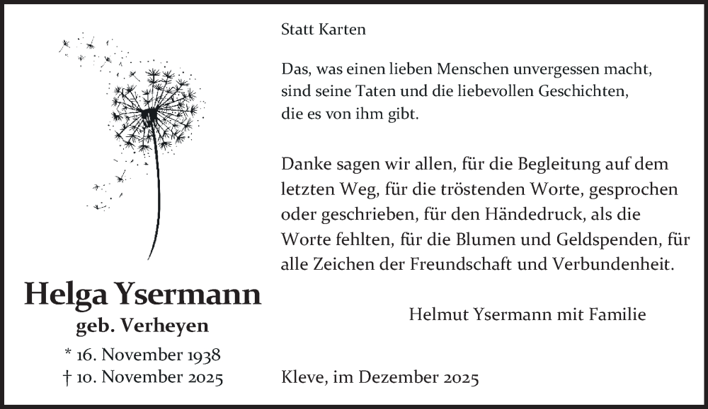  Traueranzeige für Helga Ysermann vom 20.12.2025 aus NNA