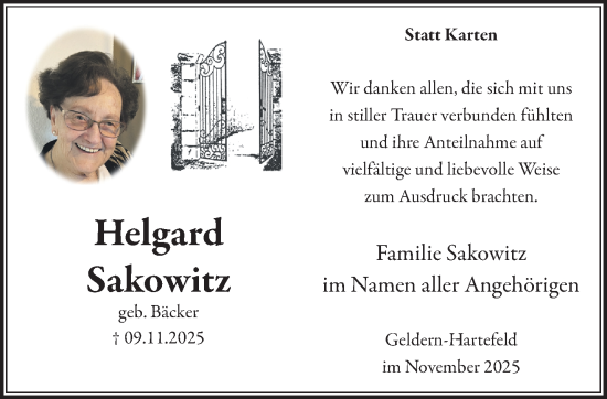 Traueranzeige von Helgard Sakowitz von NNA
