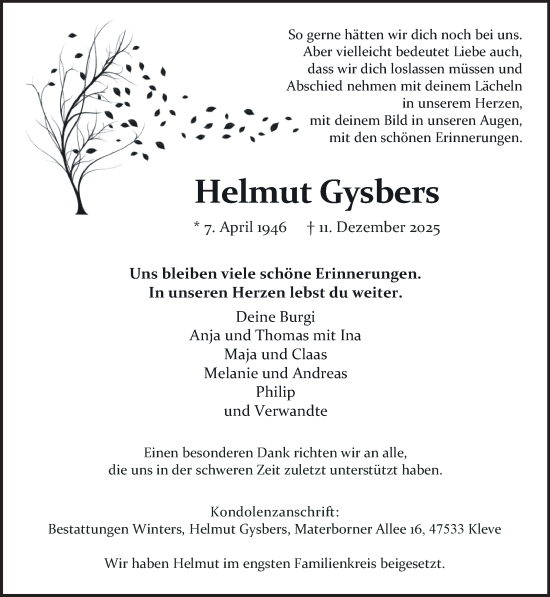 Traueranzeige von Helmut Anton Gysbers von NNA