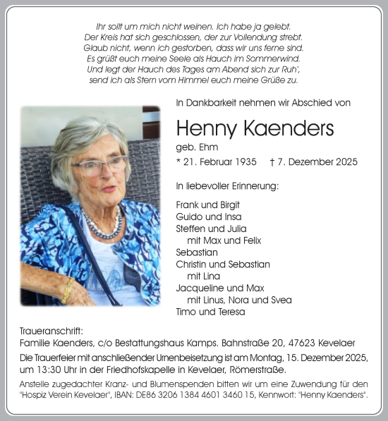 Traueranzeige von Henny Kaenders von NNA