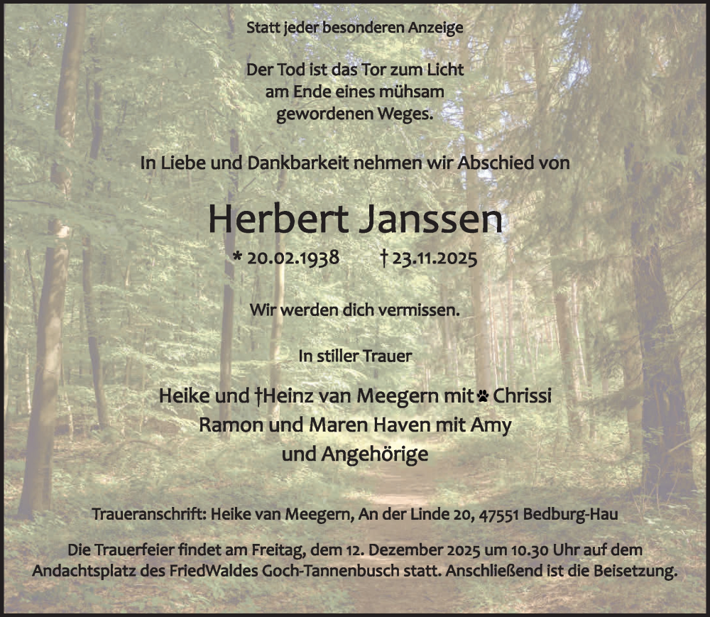  Traueranzeige für Herbert Janssen vom 06.12.2025 aus NNA