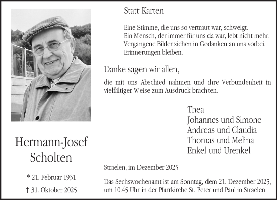 Traueranzeige von Hermann-Josef Scholten von NNA