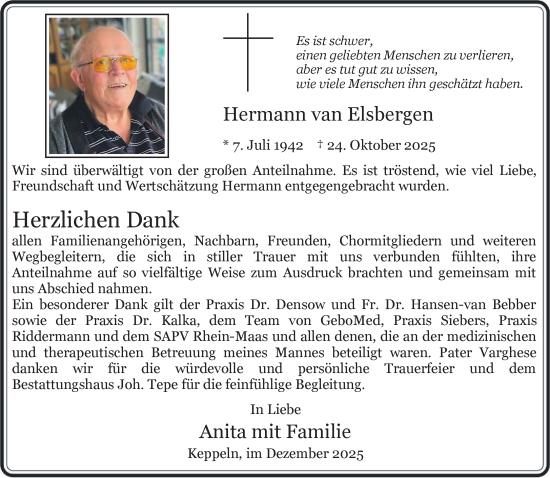 Traueranzeige von Hermann van Elsbergen von NNA