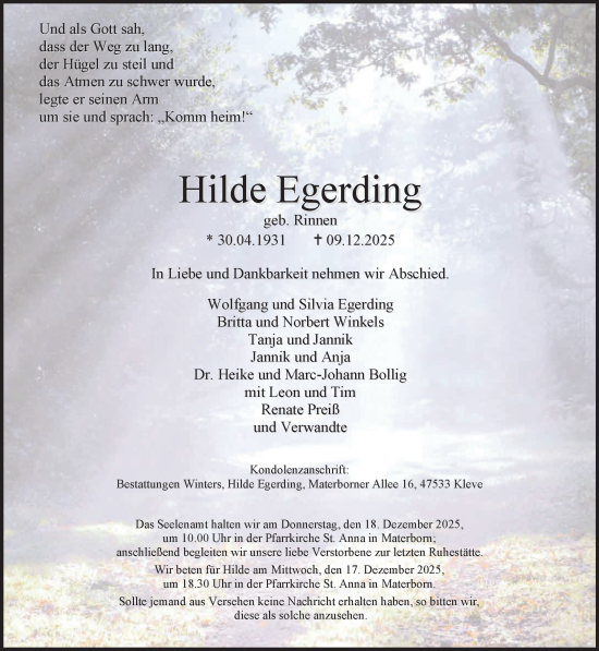 Traueranzeige von Hilde Egerding von NNA