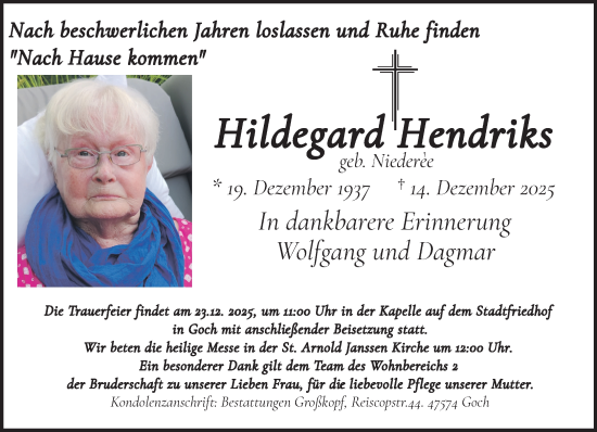 Traueranzeige von Hildegard Hendriks von NNA