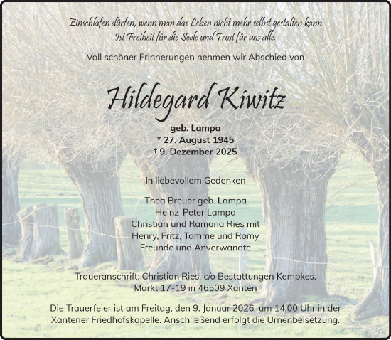 Traueranzeige von Hildegard Kiwitz von NNA