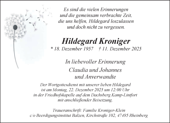 Traueranzeige von Hildegard Kroniger von NNA