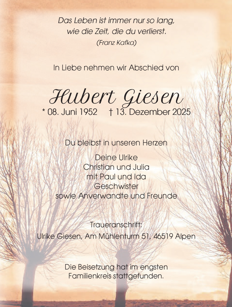  Traueranzeige für Hubert Giesen vom 27.12.2025 aus NNA
