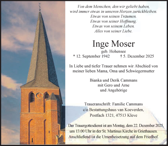 Traueranzeige von Inge Moser von NNA