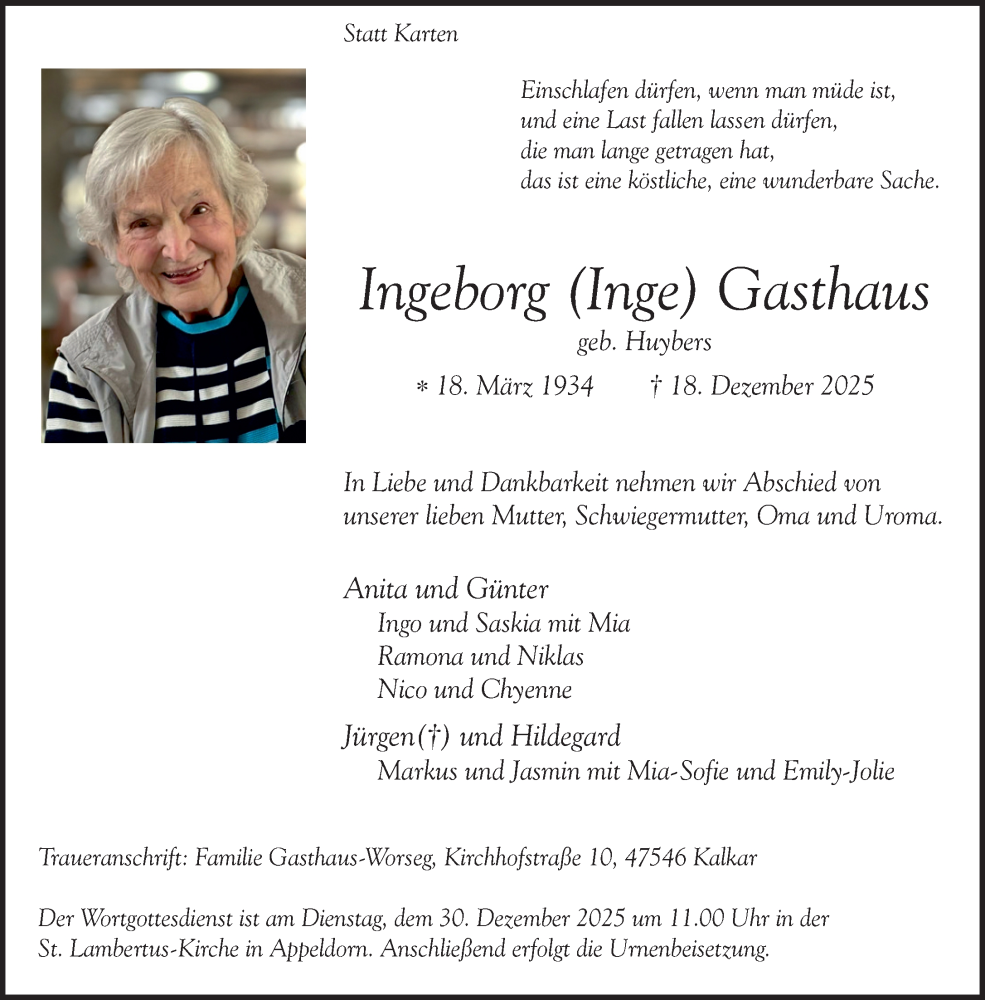  Traueranzeige für Ingeborg Gasthaus vom 27.12.2025 aus NNA