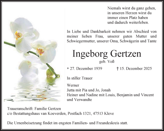 Traueranzeige von Ingeborg Gertzen von NNA