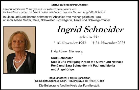 Traueranzeige von Ingrid Schneider von NNA