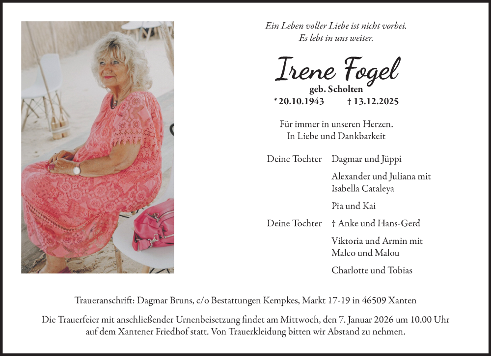  Traueranzeige für Irene Fogel vom 27.12.2025 aus NNA
