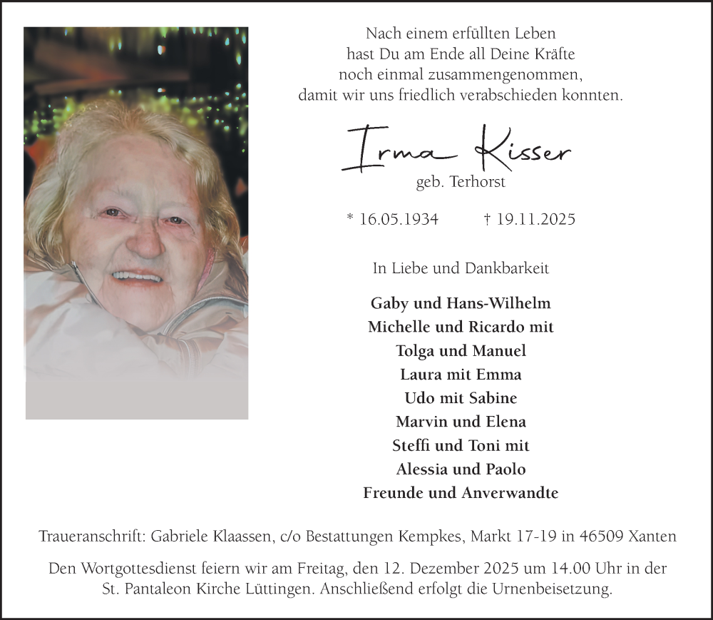 Traueranzeige für Irma Kisser vom 06.12.2025 aus NNA