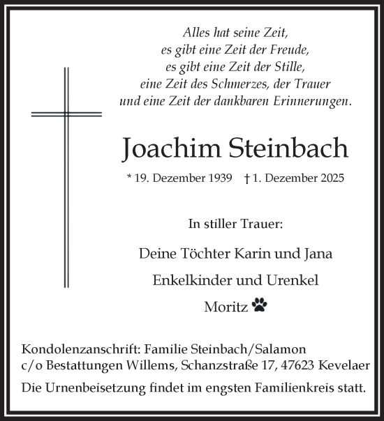 Traueranzeige von Joachim Steinbach von NNA