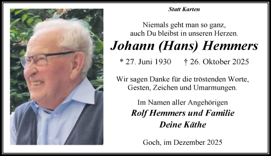 Traueranzeige von Johann Hemmers von NNA